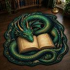 Emerald Dragon Book Silhouette custom shape area rug with a dimensional printed design in a dragon book setting