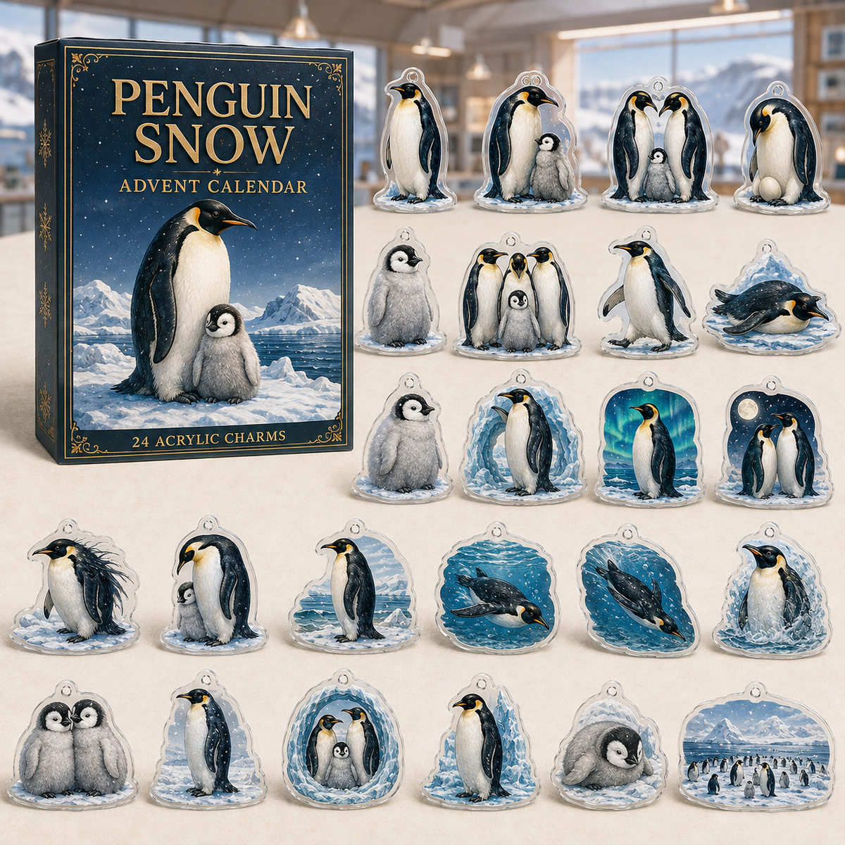 Emperor Penguin Snow advent calendar gift box with 24 illustrated acrylic charms arranged on a light tabletop