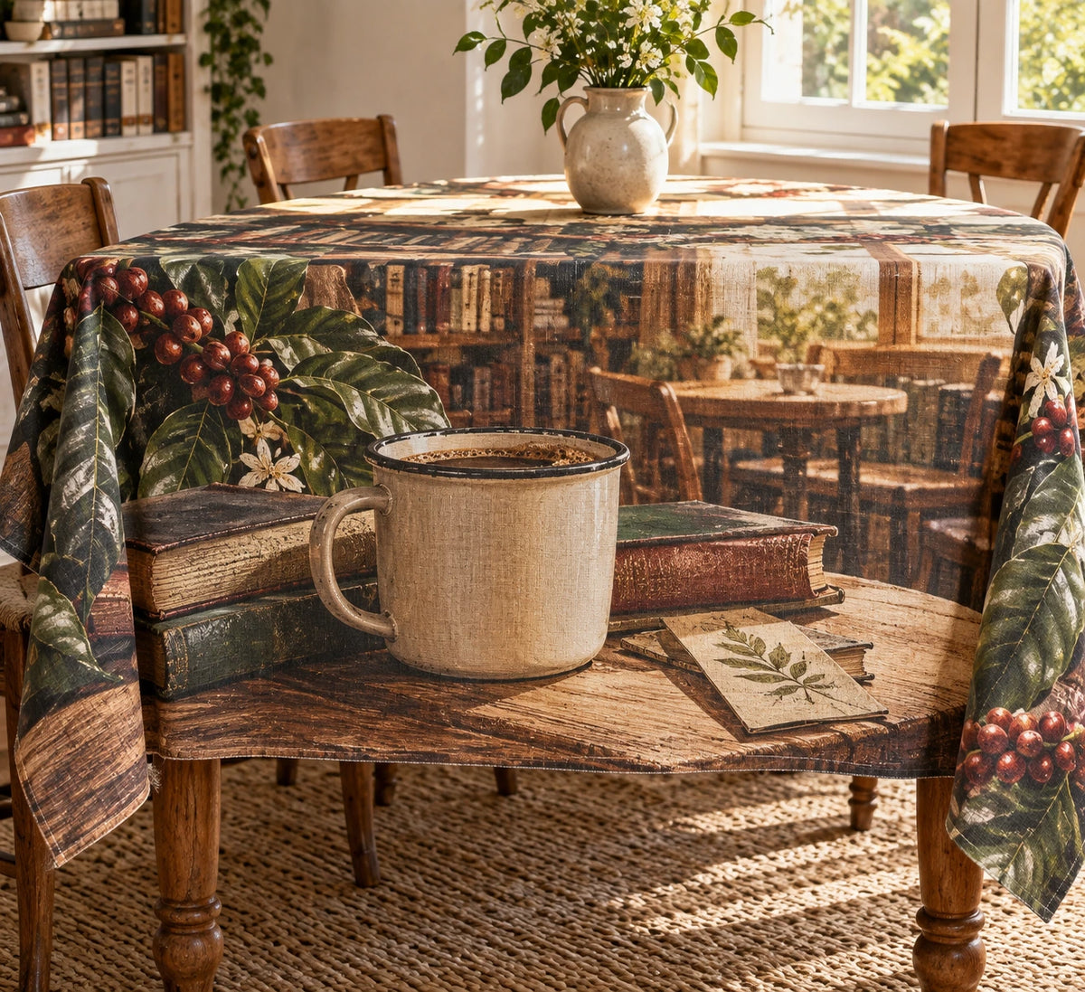 Enamel Camp Mug Bookshop Break Tablecloth with printed 3D depth