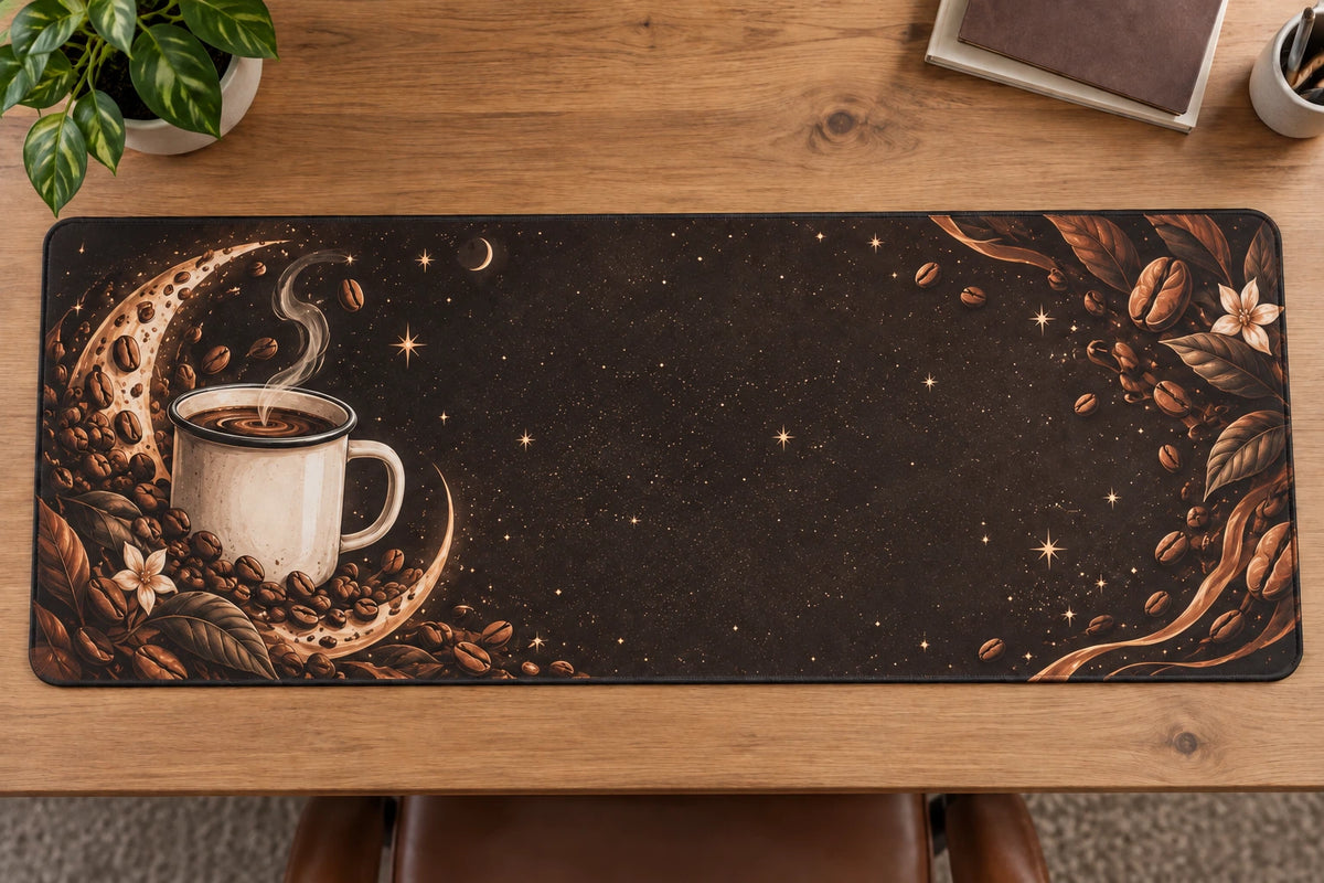 Enamel Camp Mug Moonlight Roast Desk Mat with printed dimensional artwork
