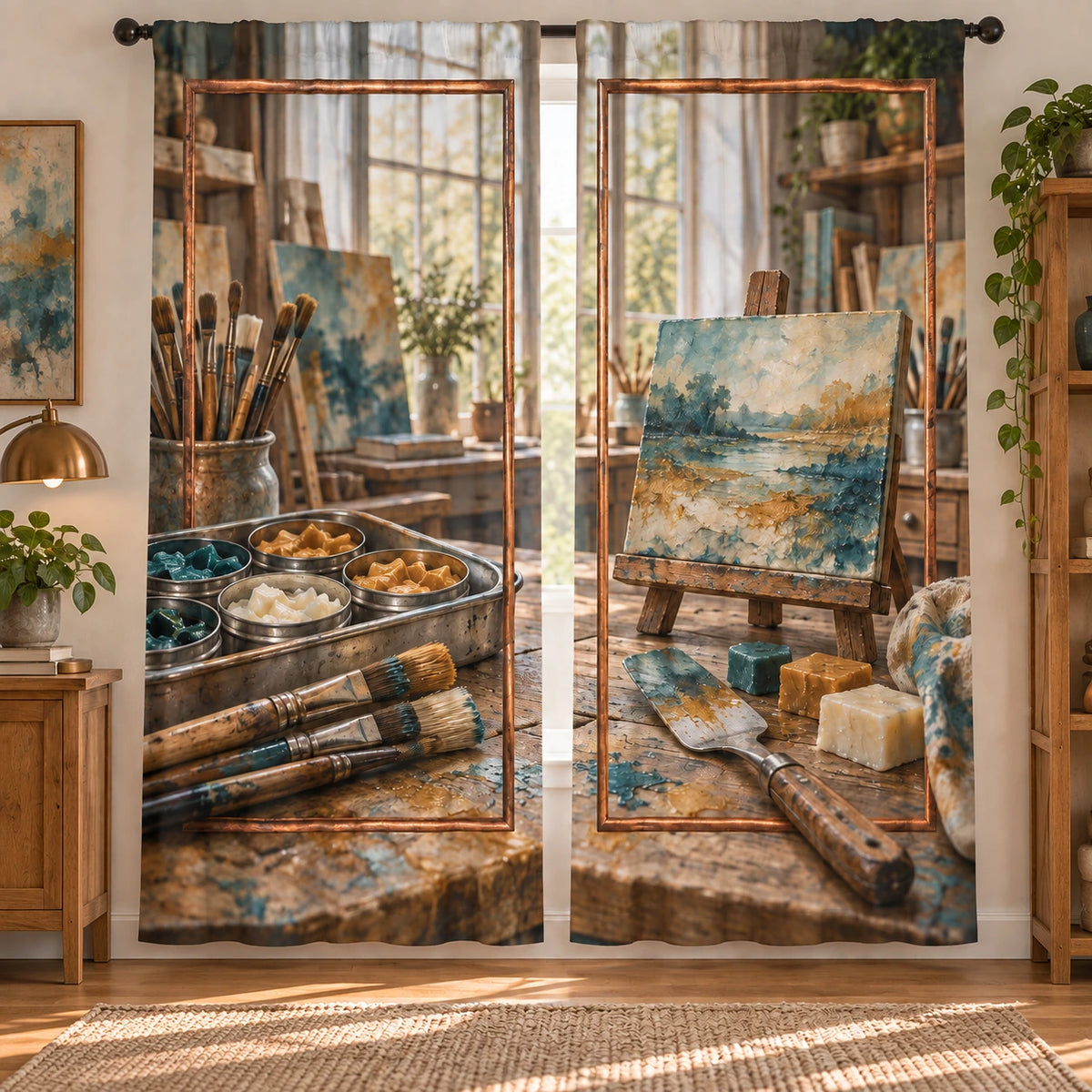 Encaustic Art Studio Window Curtain Pair with original printed optical 3D artwork
