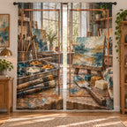 Encaustic Art Studio Window Curtain Pair with original printed optical 3D artwork