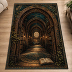 Ornate library arches and bookshelves recede toward a glowing round window on a teal and amber printed rug.