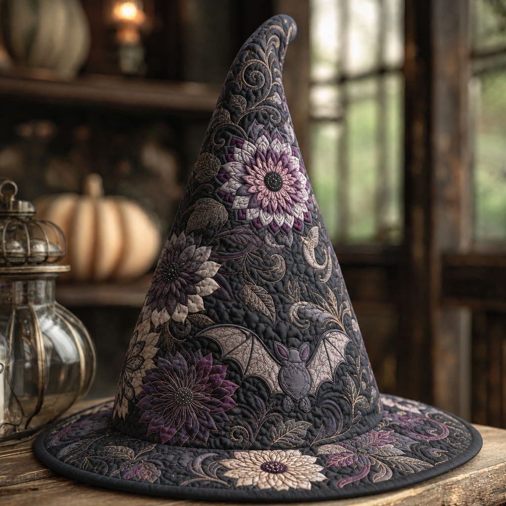 Enchanted Petals quilted witch hat, all-over print on cone and brim
