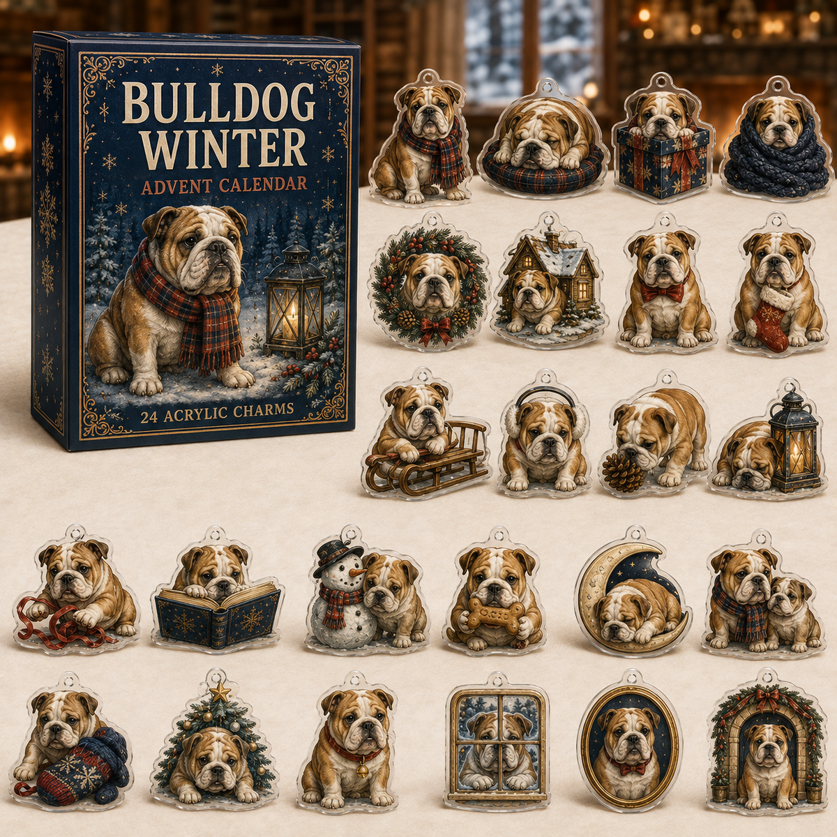 English Bulldog Winter advent calendar gift box with 24 illustrated acrylic charms arranged on a light tabletop