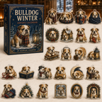 English Bulldog Winter advent calendar gift box with 24 illustrated acrylic charms arranged on a light tabletop