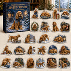 English Cocker Spaniel advent calendar box and 24 illustrated acrylic charms displayed on an ivory tabletop in a winter setting