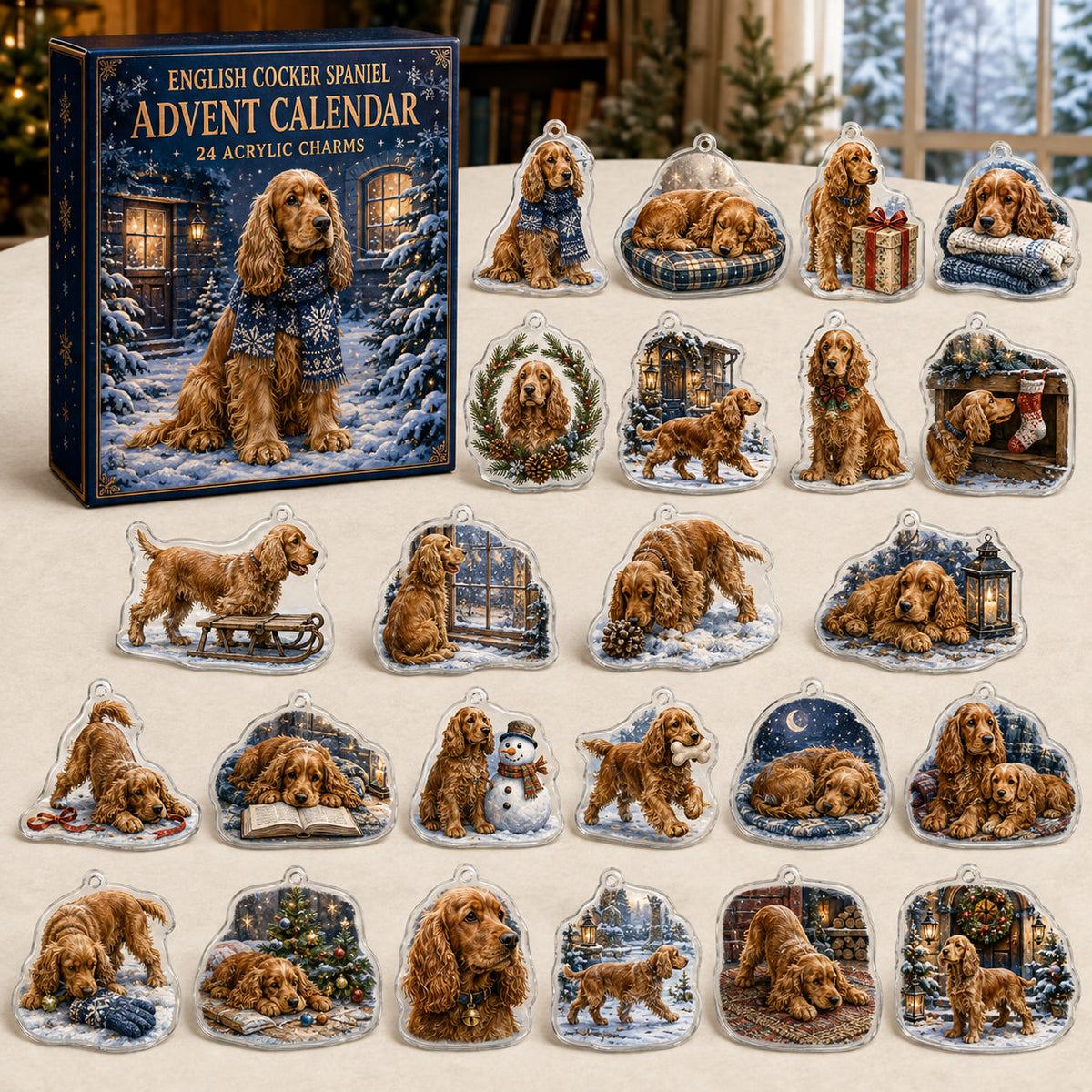 English Cocker Spaniel advent calendar box and 24 illustrated acrylic charms displayed on an ivory tabletop in a winter setting