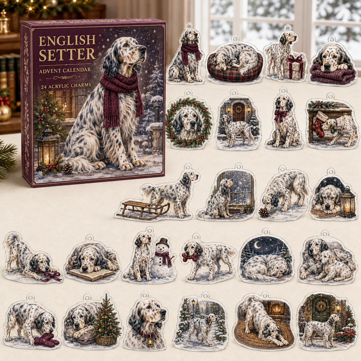 English Setter advent calendar box and 24 illustrated acrylic charms displayed on an ivory tabletop in a winter setting