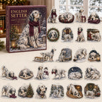 English Setter advent calendar box and 24 illustrated acrylic charms displayed on an ivory tabletop in a winter setting
