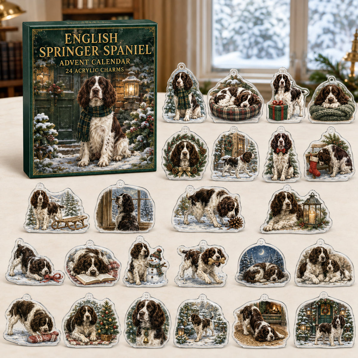 English Springer Spaniel advent calendar box and 24 illustrated acrylic charms displayed on an ivory tabletop in a winter setting