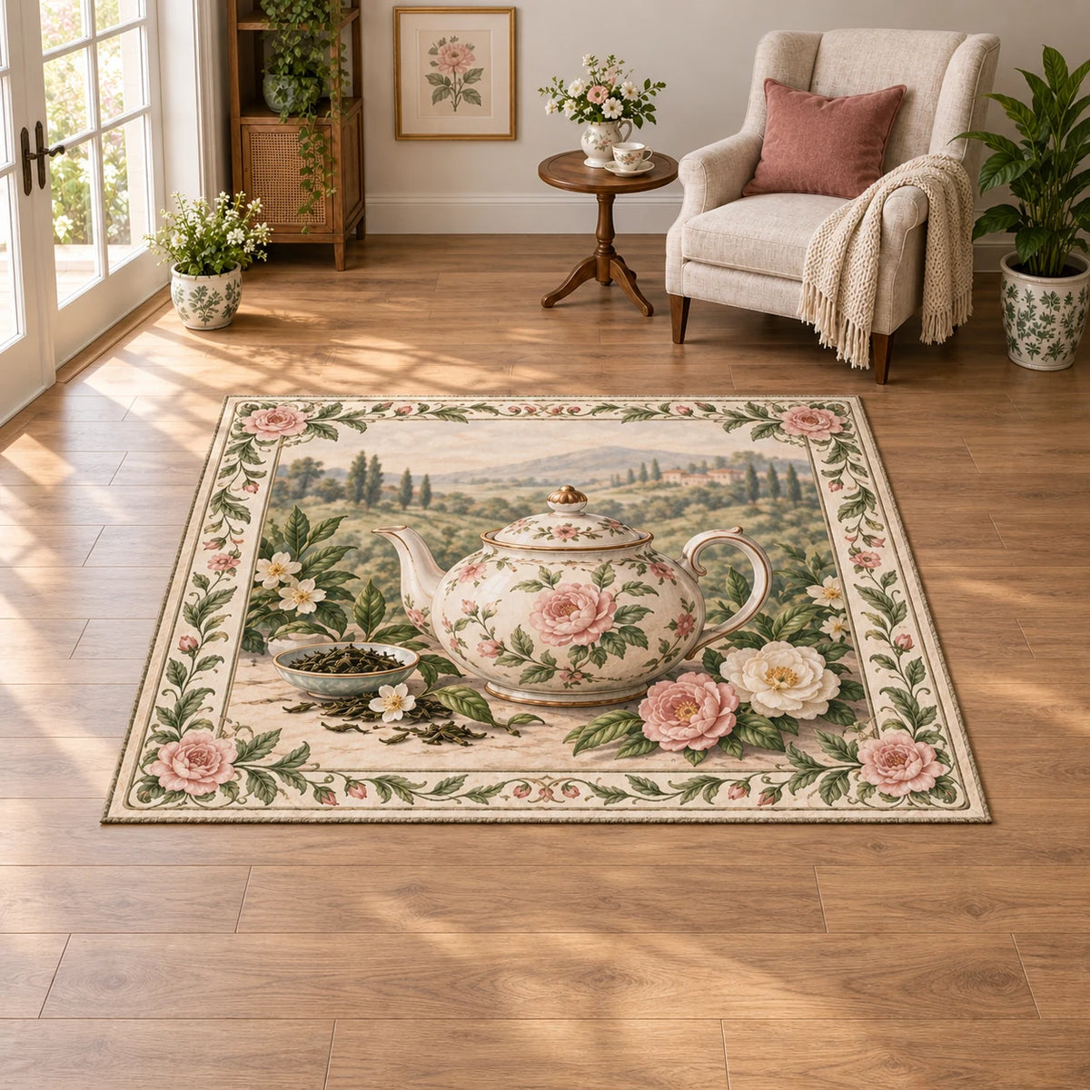 English Teapot Botanical Area Rug showing a floral English-style teapot surrounded by tea leaves and soft blossoms