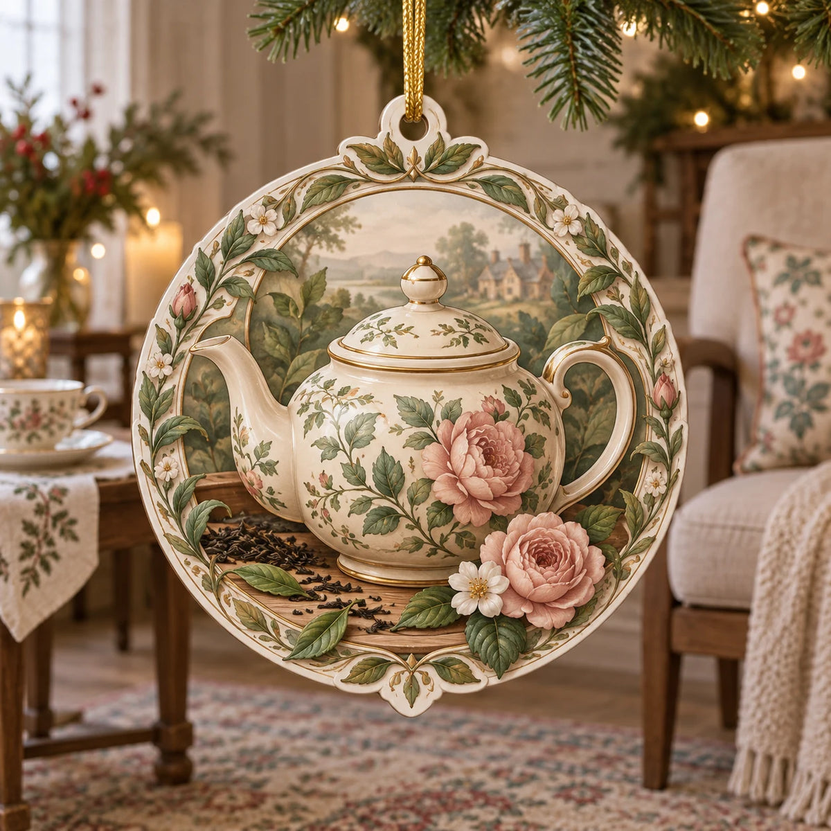 English Teapot Botanical Christmas Ornament showing a floral English-style teapot surrounded by tea leaves and soft blossoms