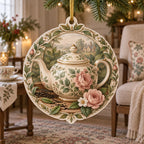 English Teapot Botanical Christmas Ornament showing a floral English-style teapot surrounded by tea leaves and soft blossoms
