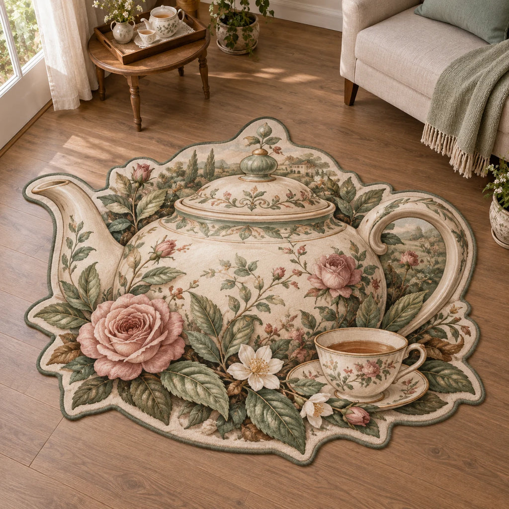 Custom shape rug with floral teapot, teacup, pink roses and green contour binding beside a linen chair.