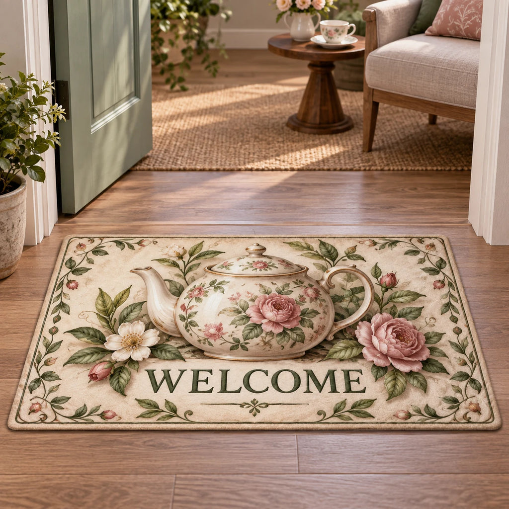 English Teapot Botanical Welcome Doormat showing a floral English-style teapot surrounded by tea leaves and soft blossoms