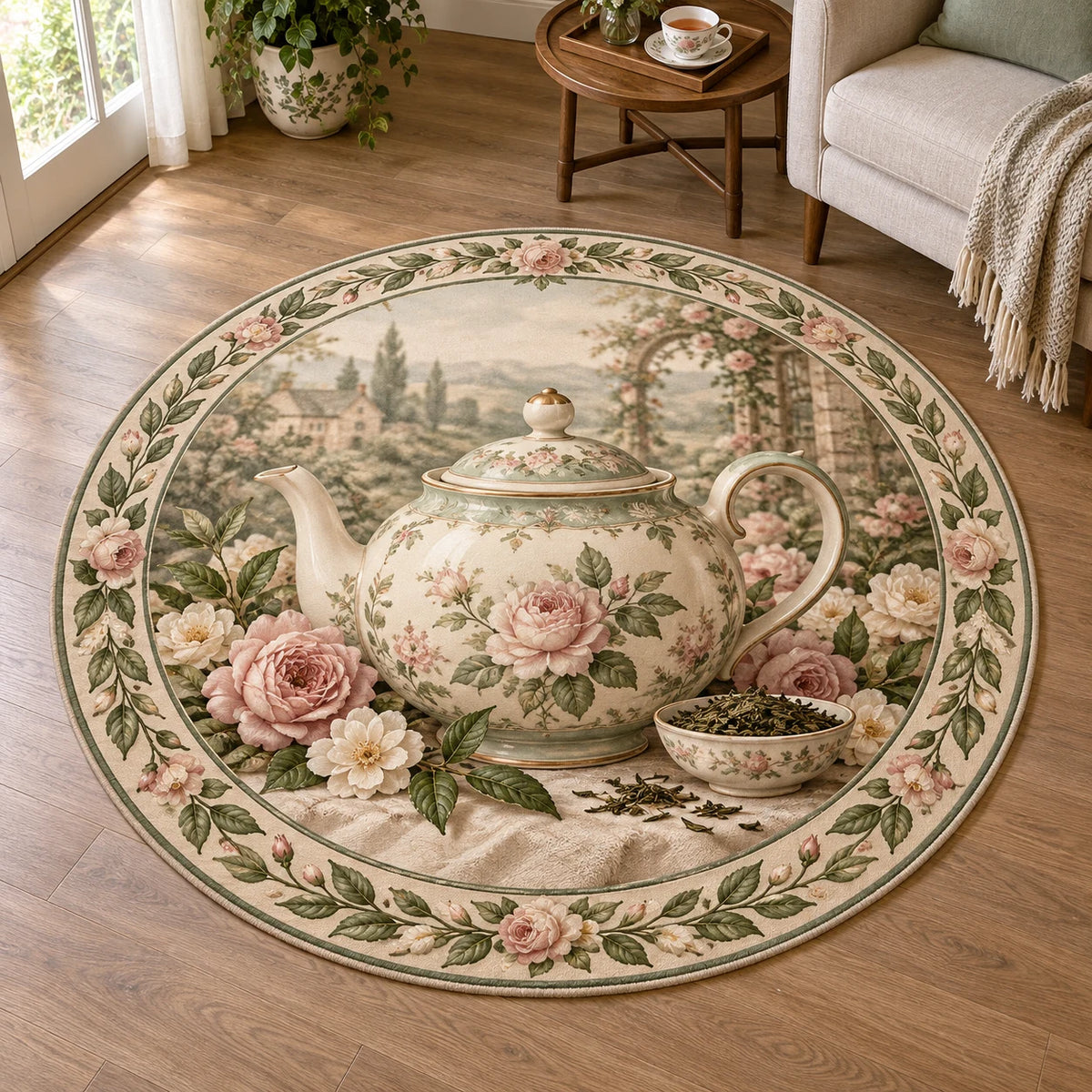English Teapot Botanical Round Mat Rug showing a floral English-style teapot surrounded by tea leaves and soft blossoms