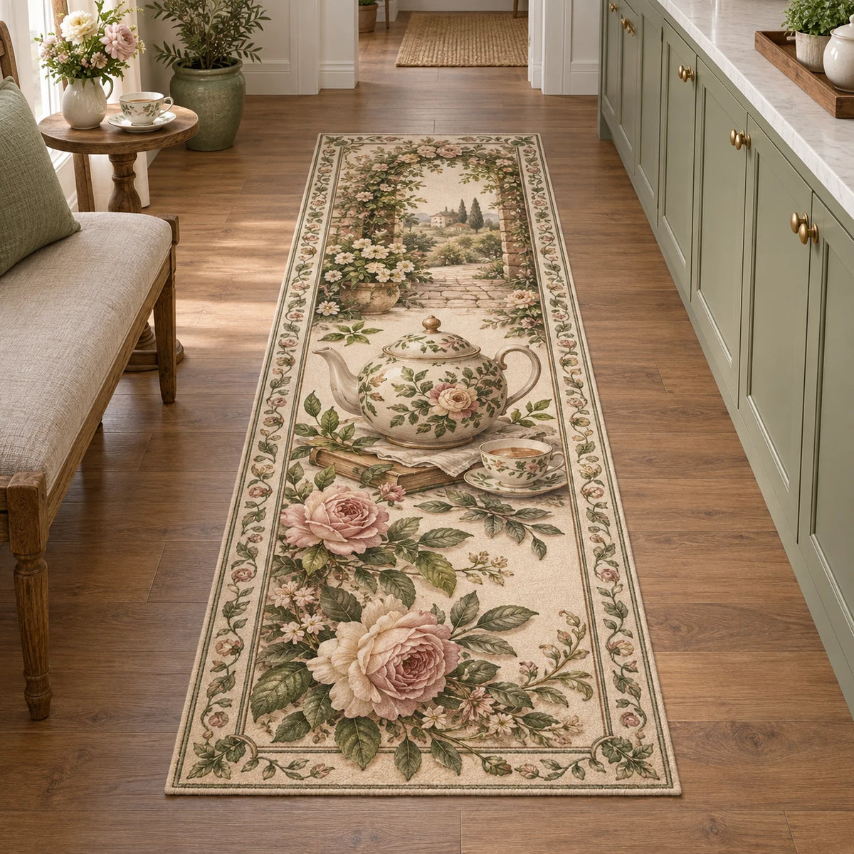 English Teapot Botanical Runner Rug showing a floral English-style teapot surrounded by tea leaves and soft blossoms