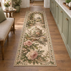 English Teapot Botanical Runner Rug showing a floral English-style teapot surrounded by tea leaves and soft blossoms