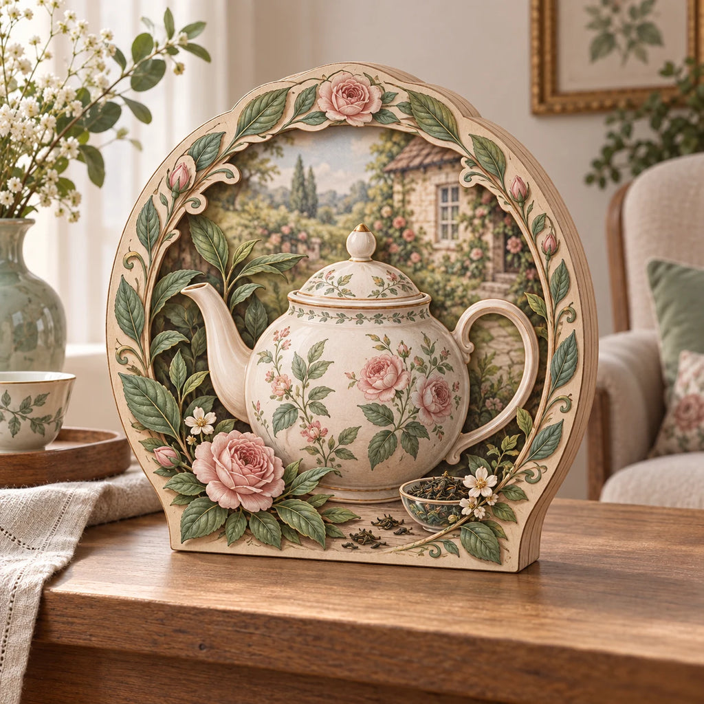 Three-layer wooden block with a floral teapot, roses, tea bowl and cottage scene inside a botanical arch.