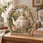 Three-layer wooden block with a floral teapot, roses, tea bowl and cottage scene inside a botanical arch.