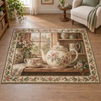 English Teapot Cottage Shelf Area Rug featuring a floral teapot and teacup on a cottage shelf