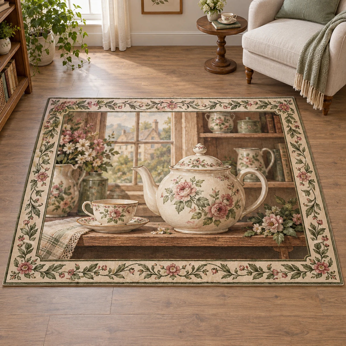 English Teapot Cottage Shelf Area Rug featuring a floral teapot and teacup on a cottage shelf