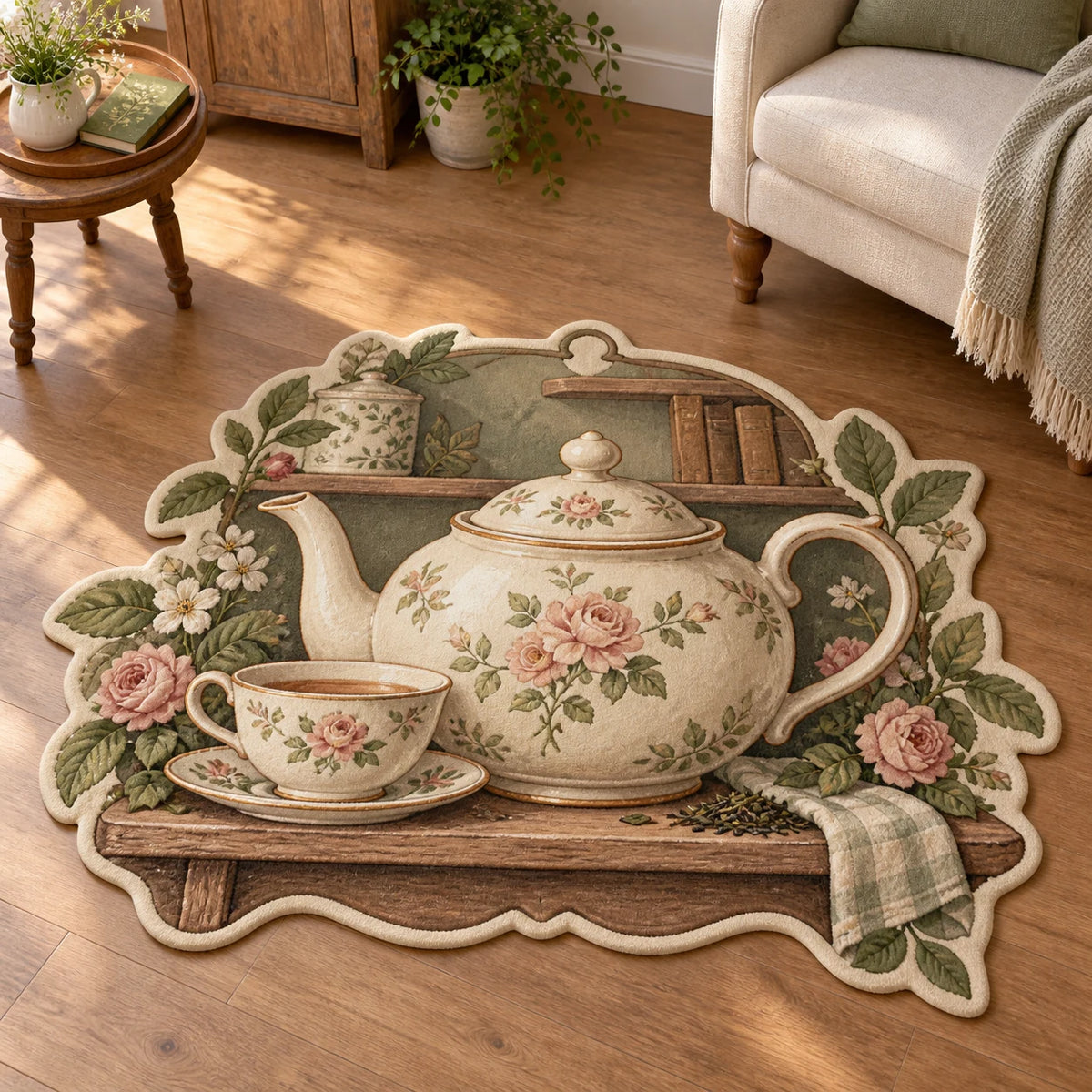 English Teapot Cottage Shelf Custom Shape Area Rug featuring a floral teapot and teacup on a cottage shelf