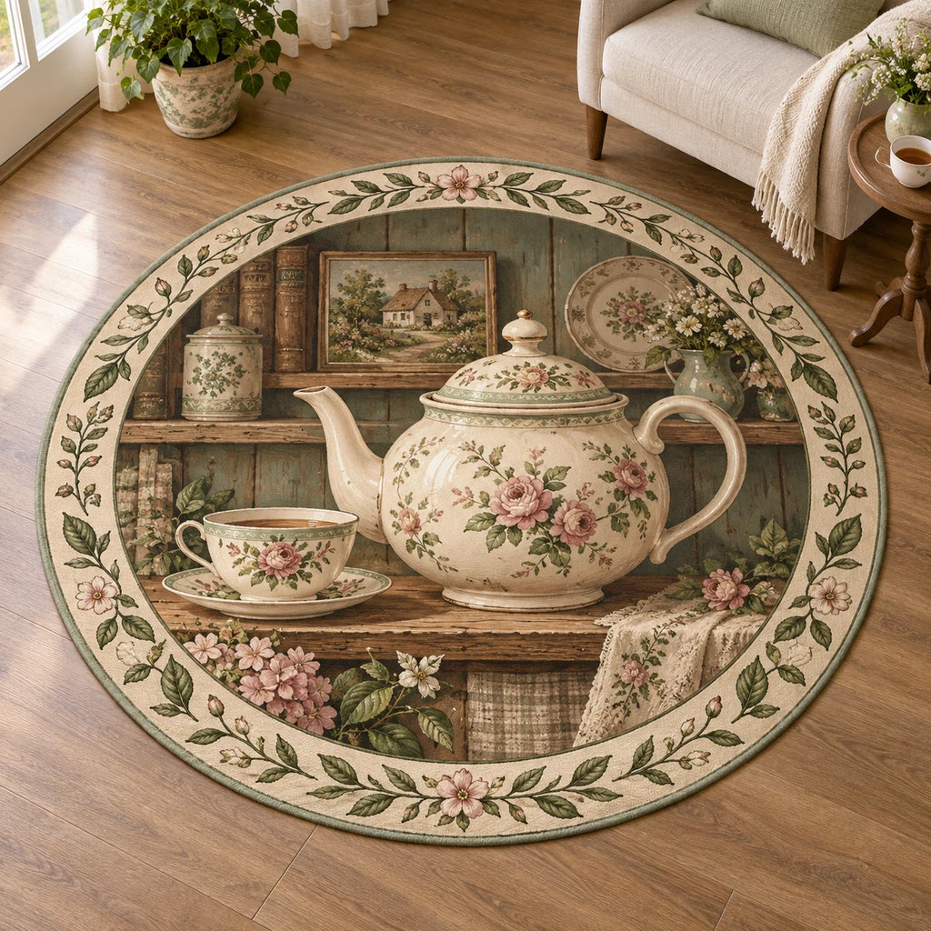 English Teapot Cottage Shelf Round Mat Rug featuring a floral teapot and teacup on a cottage shelf