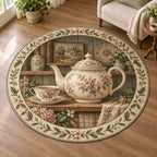 English Teapot Cottage Shelf Round Mat Rug featuring a floral teapot and teacup on a cottage shelf