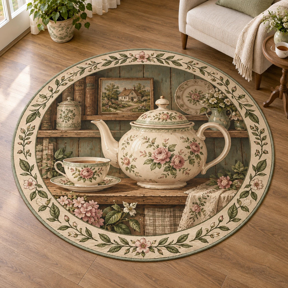 English Teapot Cottage Shelf Round Mat Rug featuring a floral teapot and teacup on a cottage shelf