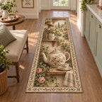 English Teapot Cottage Shelf Runner Rug featuring a floral teapot and teacup on a cottage shelf