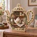 Teapot-shaped three-layer wooden block with floral tea shelf print and rose border