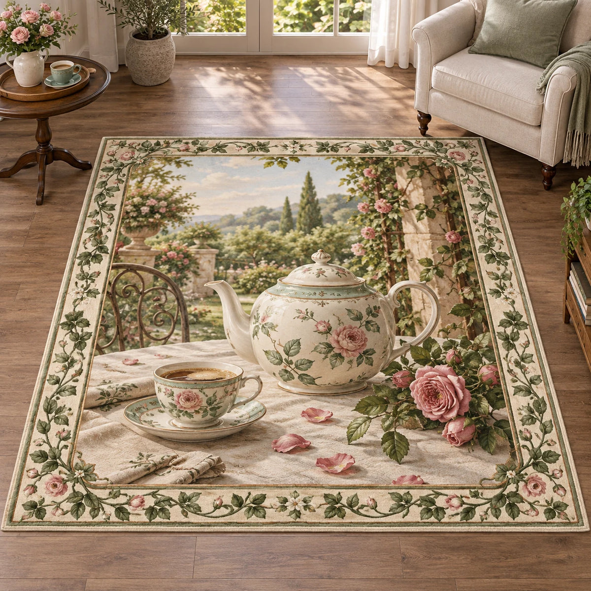 English Teapot Garden Tea Area Rug with dimensional printed artwork in a coordinated home setting