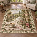 English Teapot Garden Tea Area Rug with dimensional printed artwork in a coordinated home setting
