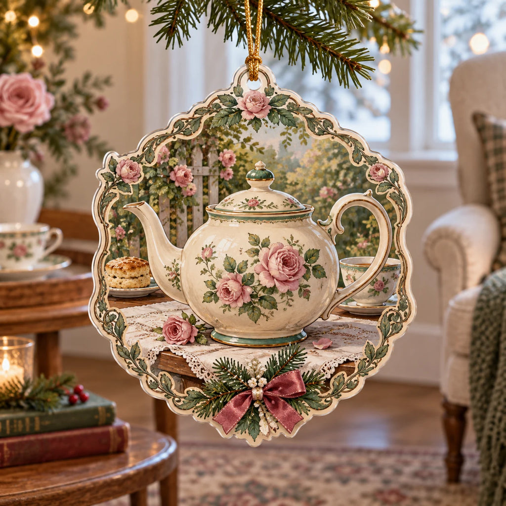 English Teapot Christmas Ornament with dimensional printed artwork in a coordinated home setting