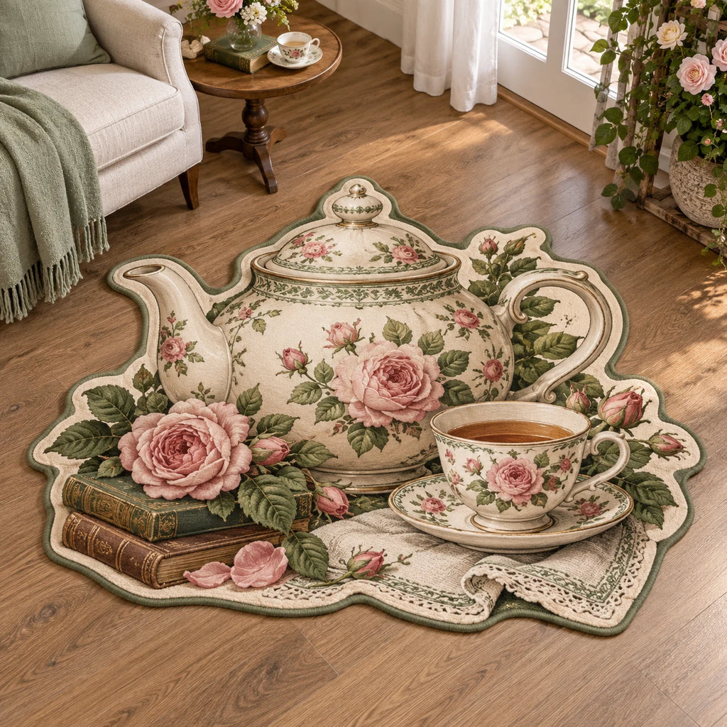 English Teapot Custom Shape Area Rug with dimensional printed artwork in a coordinated home setting