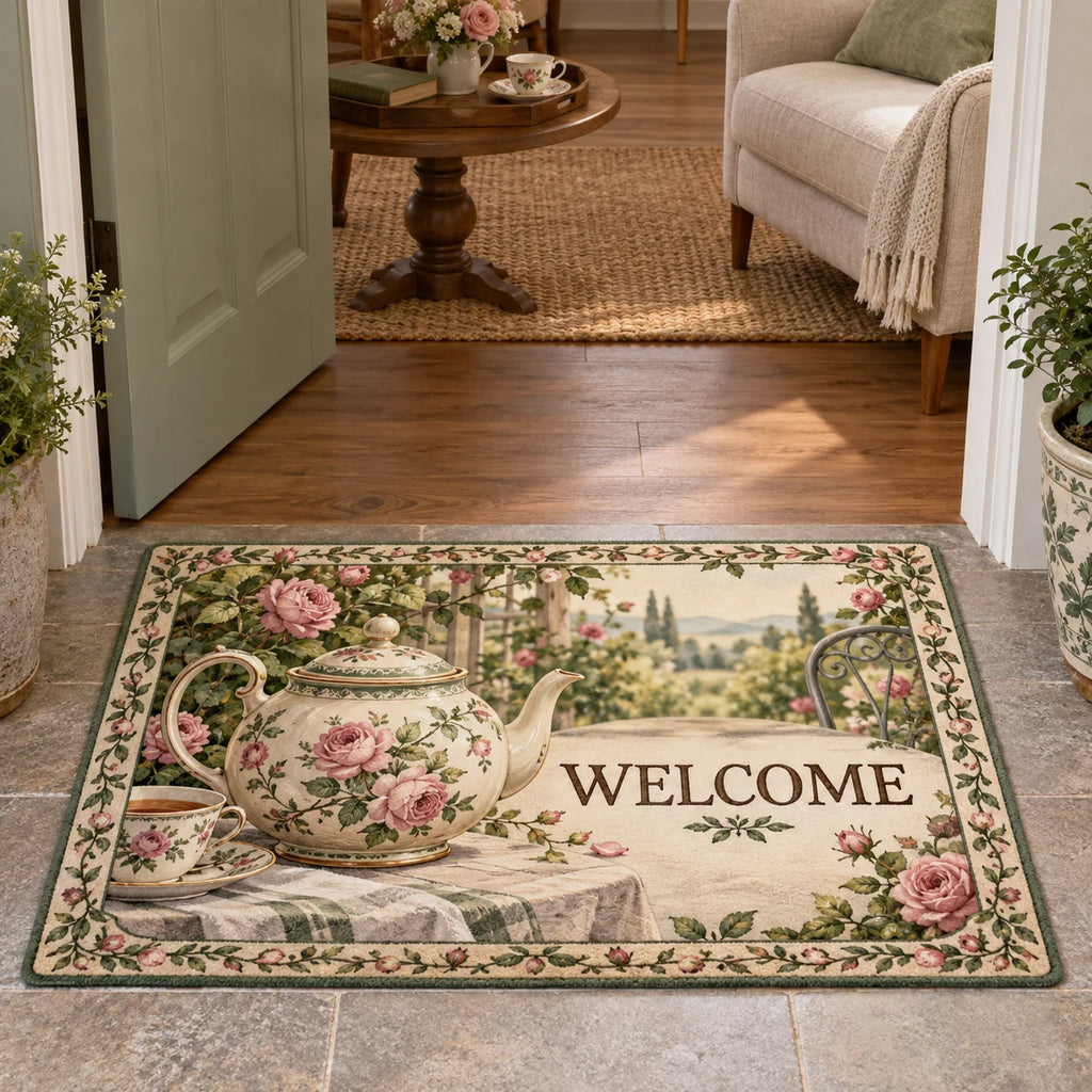 English Teapot Welcome Doormat with dimensional printed artwork in a coordinated home setting