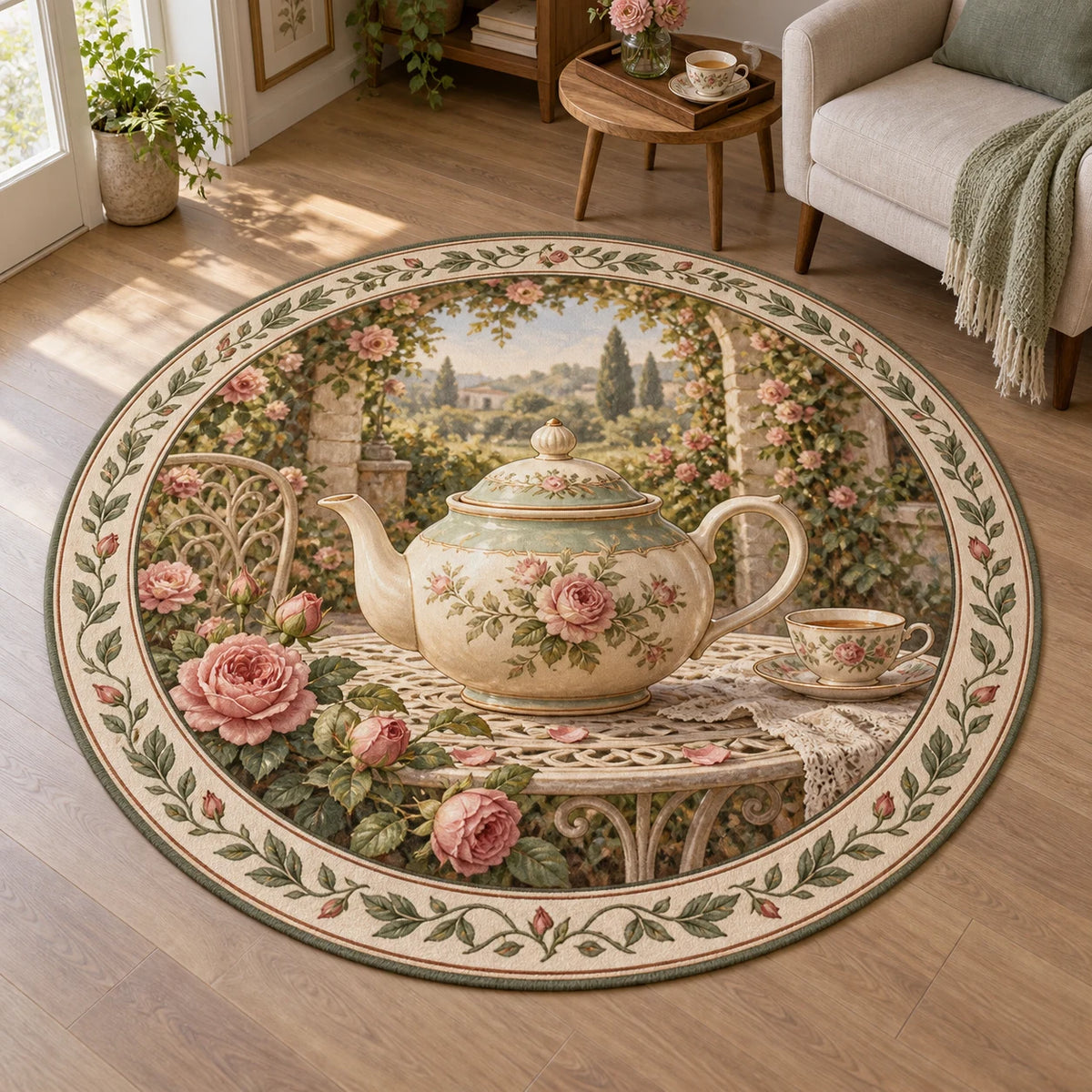 English Teapot Garden Tea Round Rug with dimensional printed artwork in a coordinated home setting