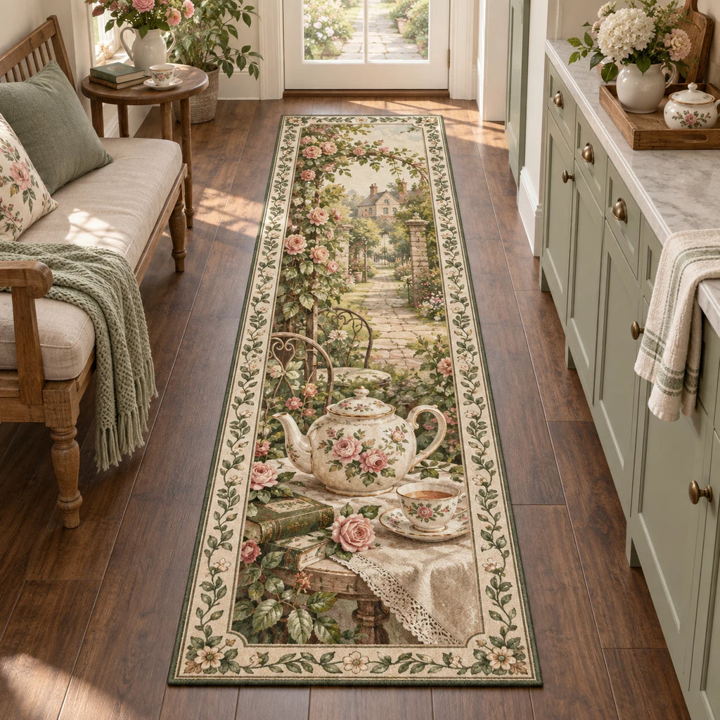 English Teapot Garden Tea Runner Rug with dimensional printed artwork in a coordinated home setting
