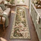 English Teapot Garden Tea Runner Rug with dimensional printed artwork in a coordinated home setting