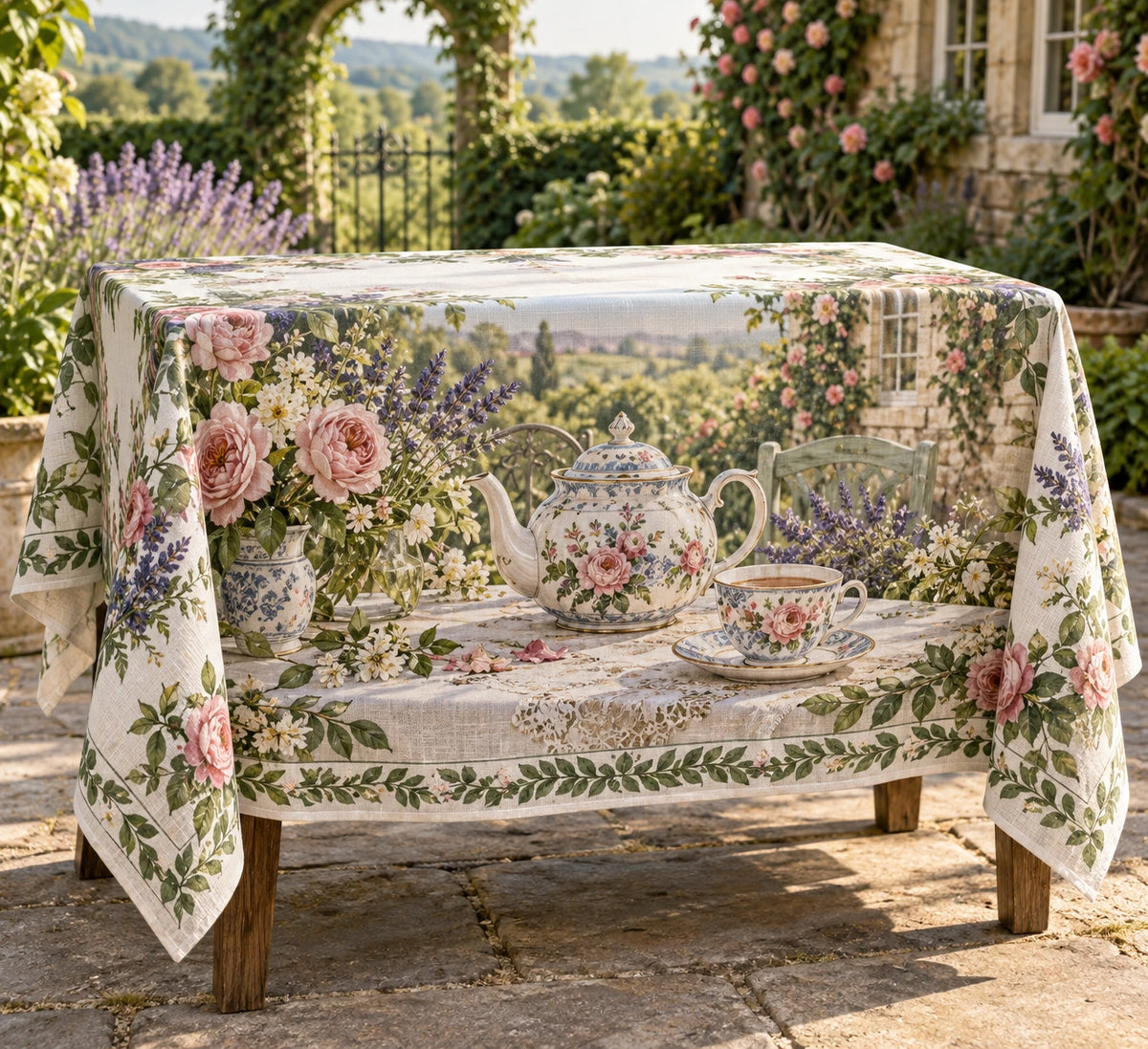 English Teapot Garden Tea Tablecloth with printed dimensional artwork