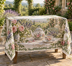 English Teapot Garden Tea Tablecloth with printed dimensional artwork