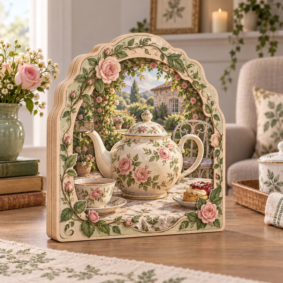 English Teapot Garden Tea Wooden Block with dimensional printed artwork in a coordinated home setting