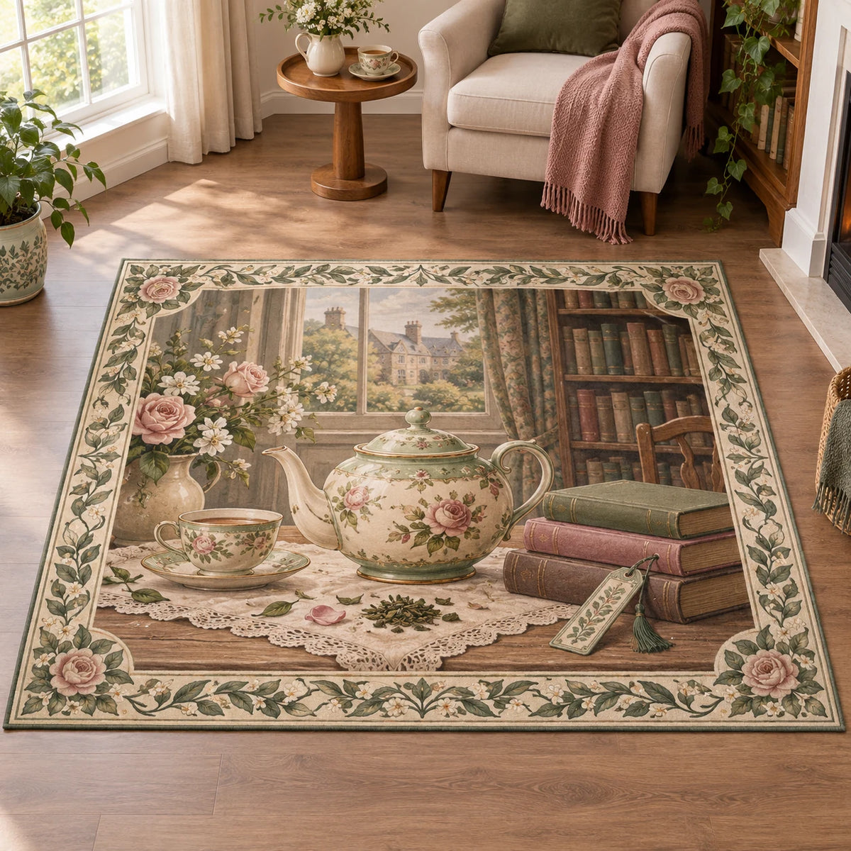 Area Rug with printed floral English teapot, teacup, books and botanical frame in a quiet tea corner