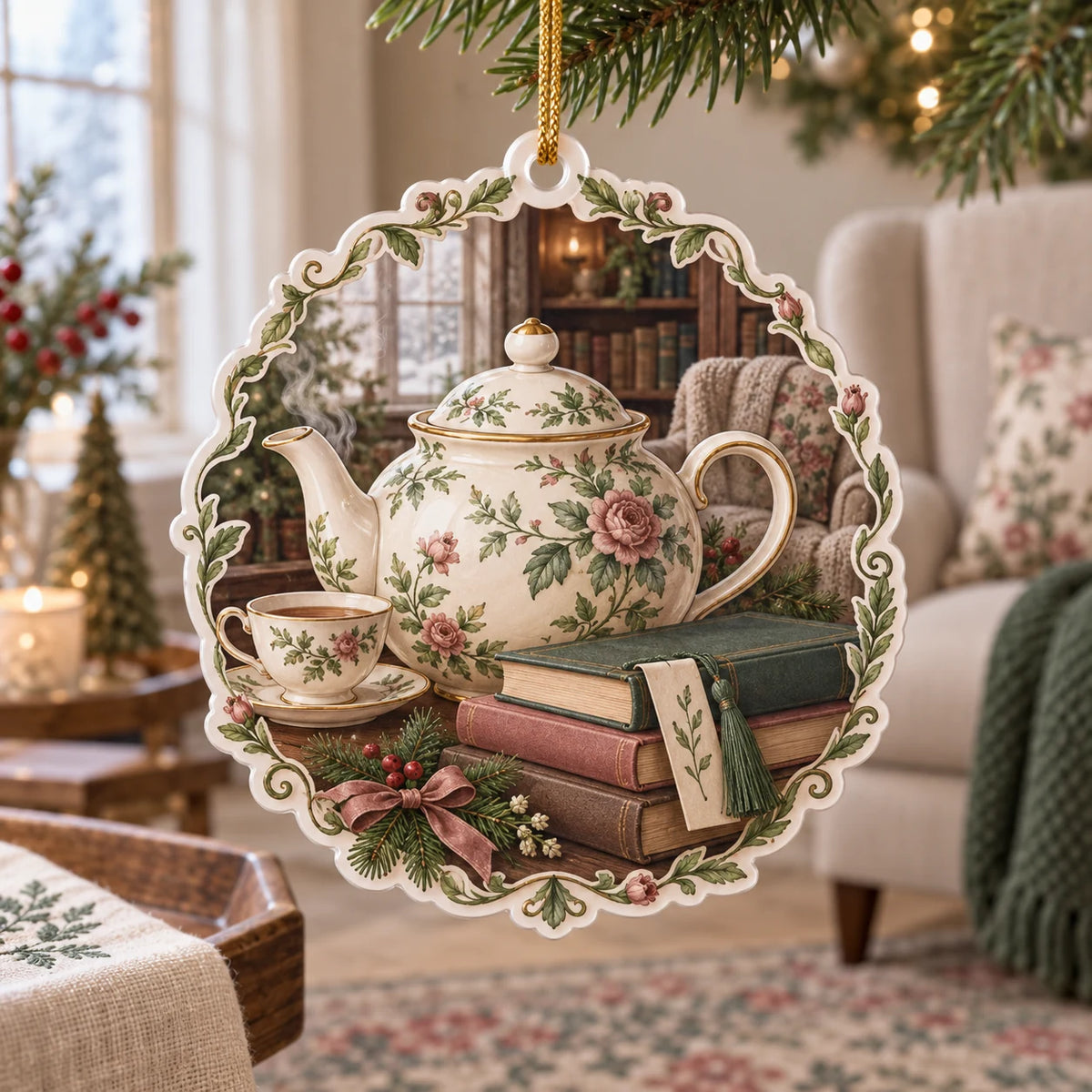 Christmas Ornament with printed floral English teapot, teacup, books and botanical frame in a quiet tea corner