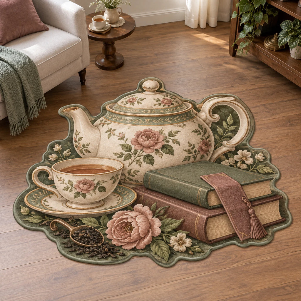 Custom Shape Area Rug with teapot and teacup artwork, books and botanical framing in a tea nook