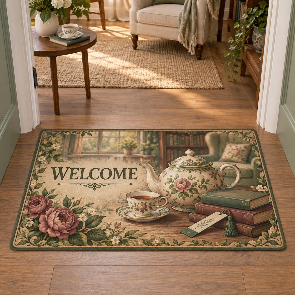 Doormat with printed floral English teapot, teacup, books and botanical frame in a quiet tea corner