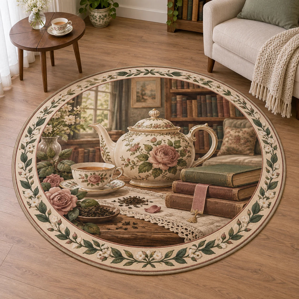 Round Mat Rug with printed floral English teapot, teacup, books and botanical frame in a quiet tea corner