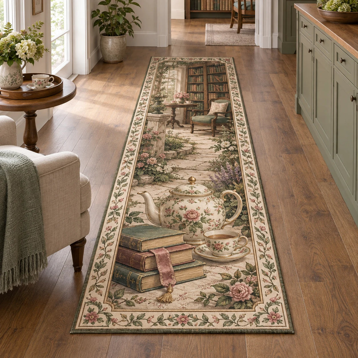 Runner Rug with printed floral English teapot, teacup, books and botanical frame in a quiet tea corner